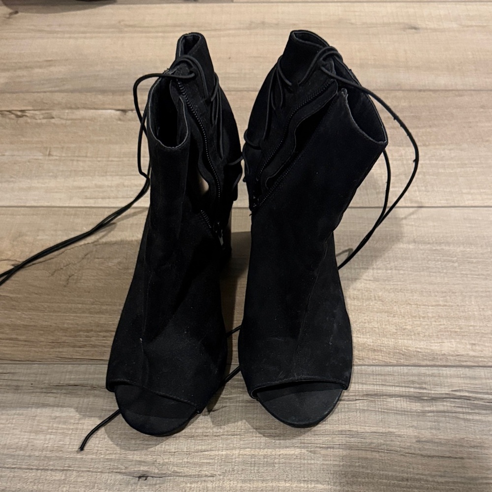 Shoe Dazzle Black Lace-Up Open-Toe Boots